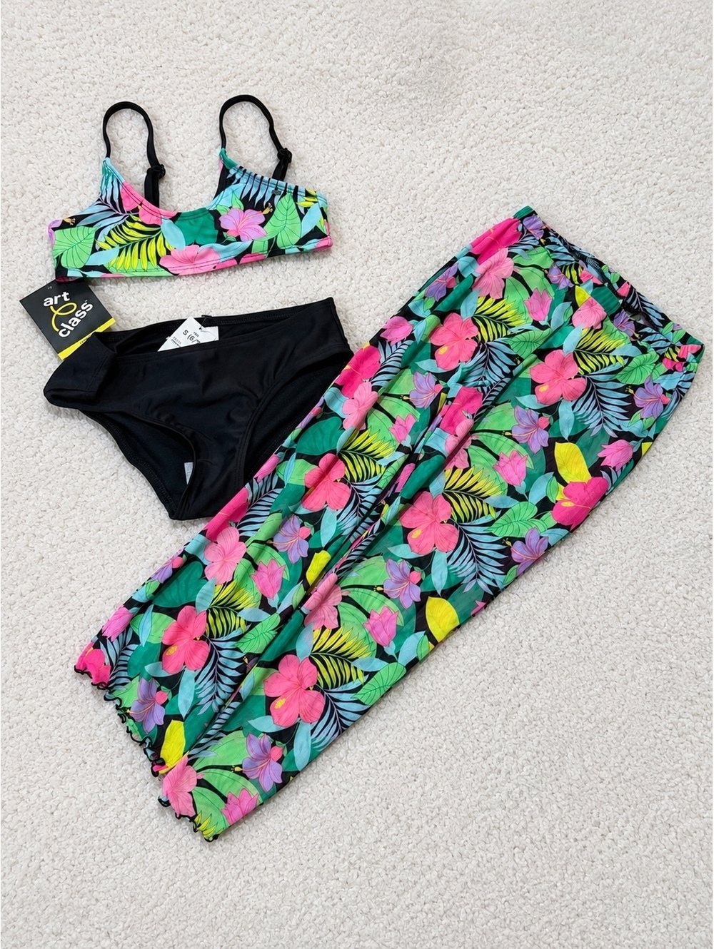 Girls 3pc Tropical Swimsuit Bikini Set‎ Size 6/7 Cover Up Pants NWT